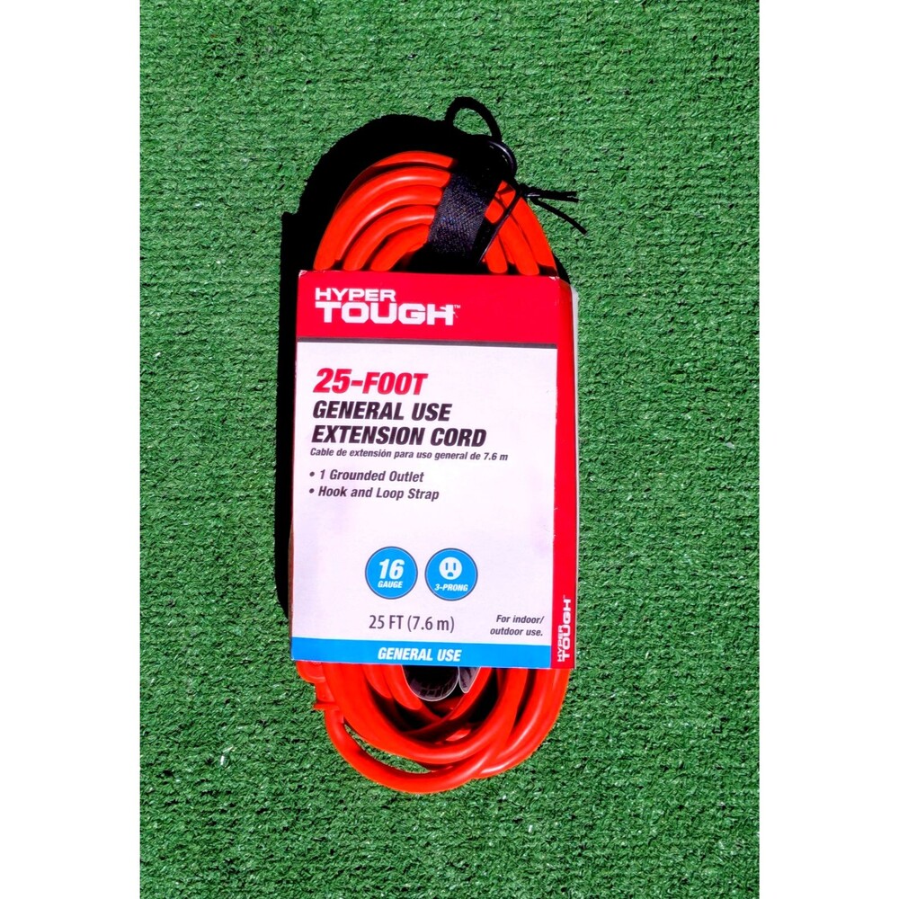 Hyper Tough 25ft 16-Gauge 3-Prong Orange Outdoor Extension Cord w/Tie&Hanger NIP